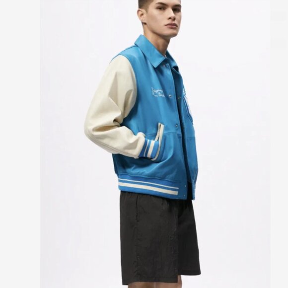 Zara X Rhuigi Leather Varsity Bomber Jacket Blue White NWT - Picture 10 of 13